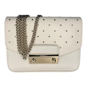 Furla Mini Studded Leather Crossbody Bag Ivory White Shiny Gold Chain Like New